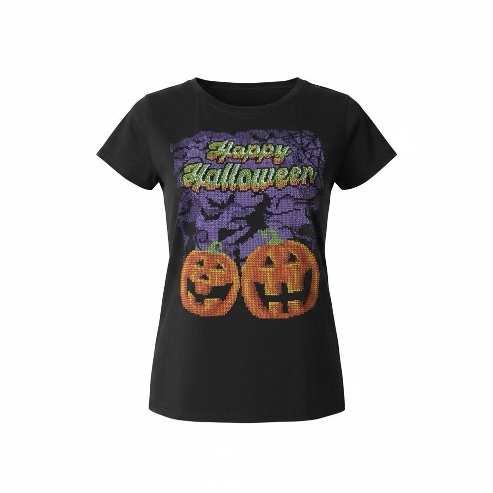 Halloween Jack O Lantern Pumpkins Graphic T-Shirt Black GT26G208G Womens L